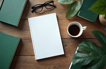 Top-down view of a blank white hardcover book mockup on a rustic wooden table. Includes a cup of coffee, reading glasses, and green books. Offers ample empty space for text or design.