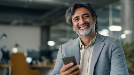 opy space are with smiling mature Latin or Indian businessman holding smartphone in office. Middle aged manager using cell phone mobile app. Digital technology application and solutions for business.