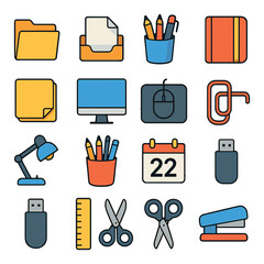 Office icon collection: minimalistic flat icons for desk, computer, stationery, mouse, usb