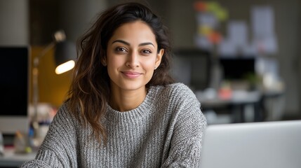 Portrait young it specialist latin hispanic business lady working on laptop pc sitting at desk in modern office smiling at camera. Middle eastern indian woman using computer technology for work online