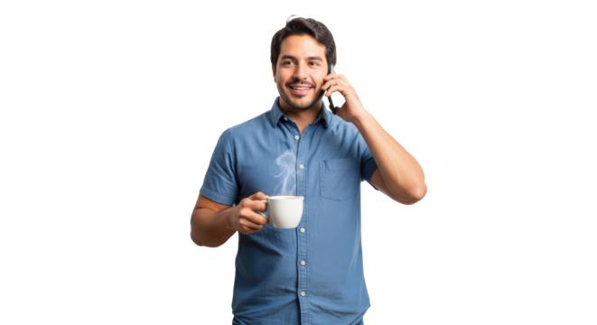 A man in a blue shirt holding a cup of coffee and talking on his phone with a smile on his face isolated