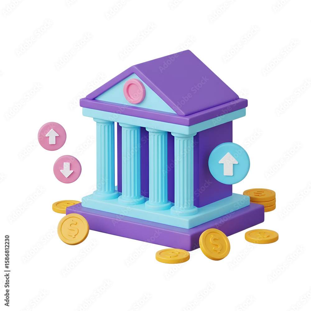 Poster 3d icon of bank building with coins and upward arrows symbolizing growth isolated on transparent bac