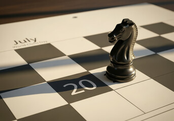 Chess knight piece on calendar. Symbolic shot of strategy, planning and World Chess Day. Business tactic, competitive advantage, strategic thinking.