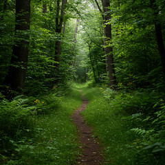 Fototapeta premium Winding dirt path through a lush, vibrant green forest, surrounded by tall trees and dense foliage, evoking nature's tranquility. 