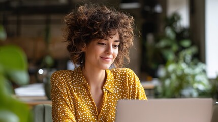 Smiling latin hispanic female marketing manager, professional it specialist working, browsing at laptop computer sitting at desk in modern office. Cheerful young woman employee using pc for business