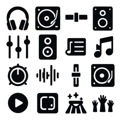 Dj gear icon collection. music mix silhouette: headphones, turntable, mixer, speaker, note, track, party