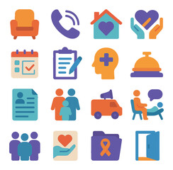 Victim services icon collection: flat style icons for support, health, safety, heart, family, calendar, door