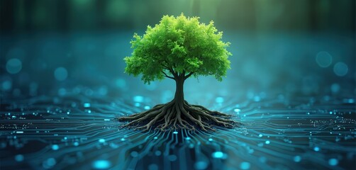 Conceptual image of green tree with roots on circuit board. Symbolizes green IT solutions, eco-friendly tech, sustainability, and future growth. Combines nature and technology.