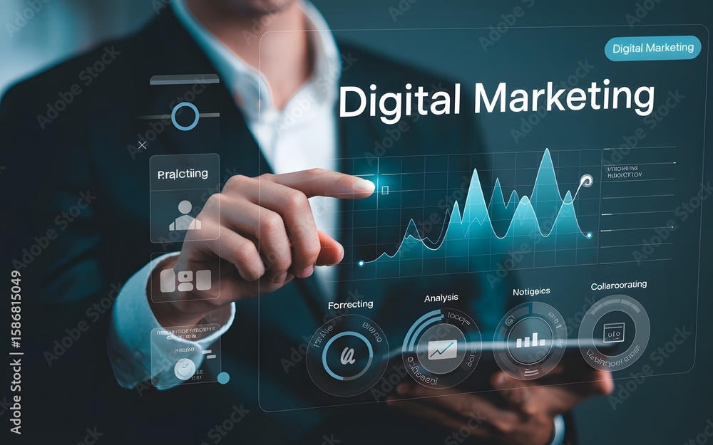 Poster person interacting with digital marketing dashboard showing growth charts analytics data