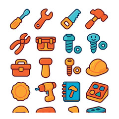Toy toolkit icon collection. toolset flat style: screwdriver, wrench, saw, hammer
