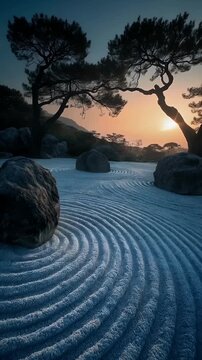 Japanese Zen Garden with Raked Sand Patterns, Stones and Pine Trees at Sunset &ndash; Tranquil Scene
