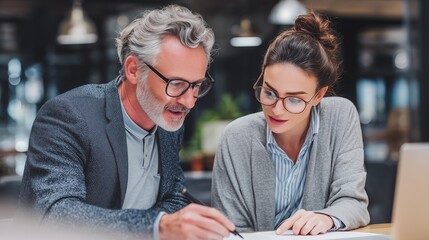 Two partners, colleagues, team of professional finance specialist business people working together. Mature mentor senior leader man, young woman manager discussing project sitting at desk in office