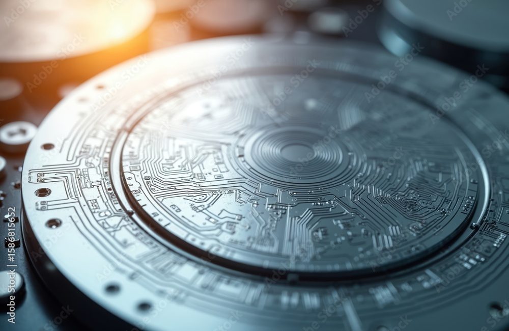 Poster close-up of silicon wafer exhibiting intricate circuit patterns, representing advanced semiconductor