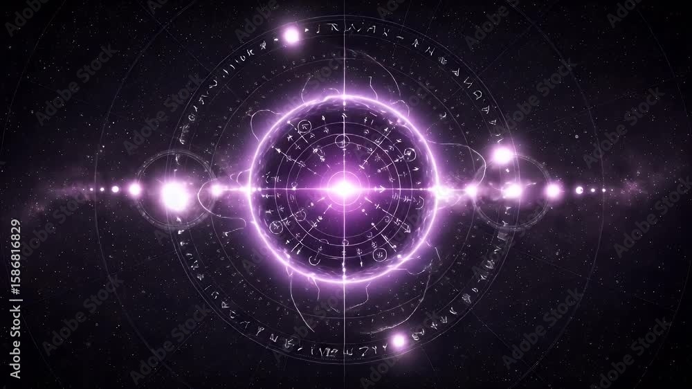 Poster a cosmic scene showcasing a glowing, circular pattern with script encircling a central, bright light