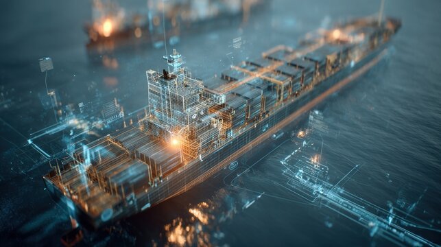 A dynamic 3D rendering of an automated ship initiating its startup process with animated visuals of cargo doors sealing fuel lines connecting and energy levels rising all framed by