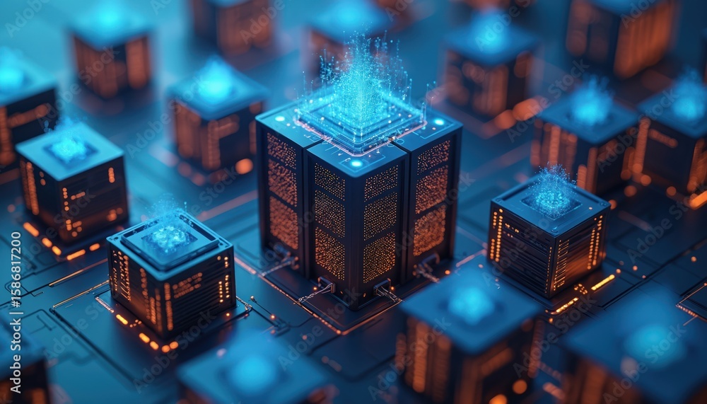 Poster data center network, digital future, glowing nodes. server infrastructure with glowing blue lights, 