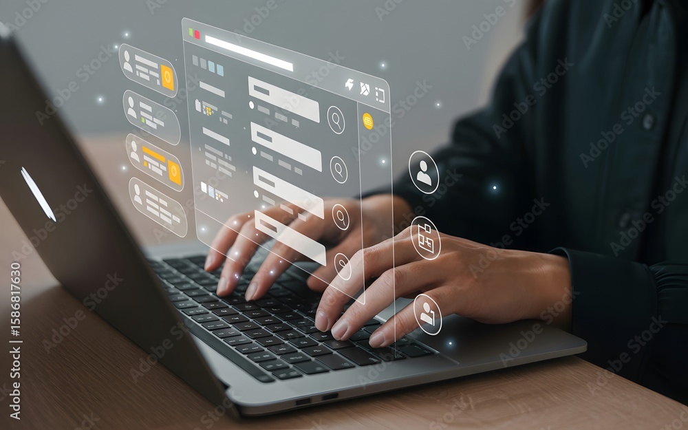 Poster person typing on laptop with holographic interface and user icons hands keyboard