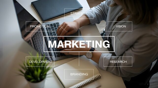 Person typing on laptop with marketing strategy diagram overlay promotion development