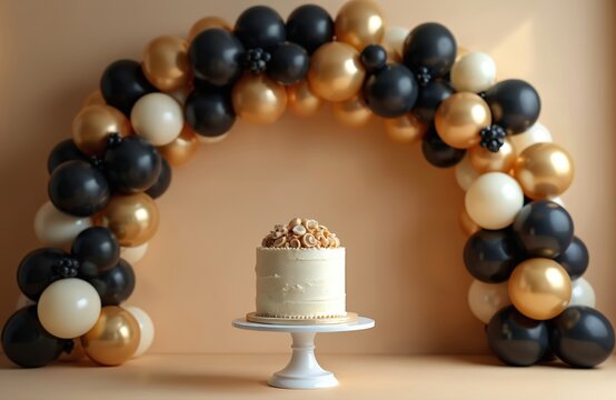 Elegant celebration setup with festive cake under black, gold, beige balloon arch. Sophisticated party arrangement for birthday, anniversary, milestone event. Chic indoor gathering with refined decor
