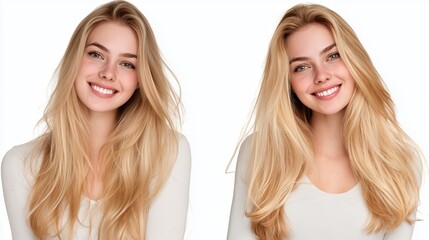 Young smiling blonde woman healthy hair transparent PNG set bundle isolated background