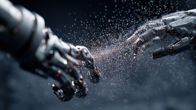 Robotic arms delicately manipulating smartdust particle cloud, demonstrating cutting edge sensor technology and precision interaction within shadowy technological research environment