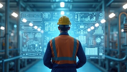 Operator in hard hat, safety vest interacts with large holographic display of data, schematics at chemical plant. Futuristic technology for industrial safety risk assessment, virtual monitoring in