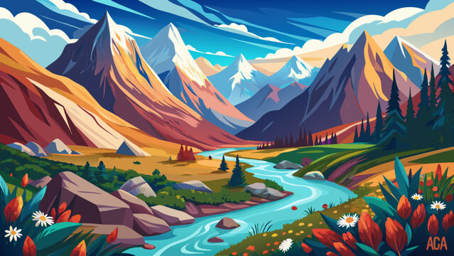 Ala-Archa National Park, Ch&uuml;y Region, Kyrgyzstan &ndash; Jagged white mountains contrast with alpine meadows. Flowing rivers and wildflowers add natural color, forming a classic mountainous vector ready for