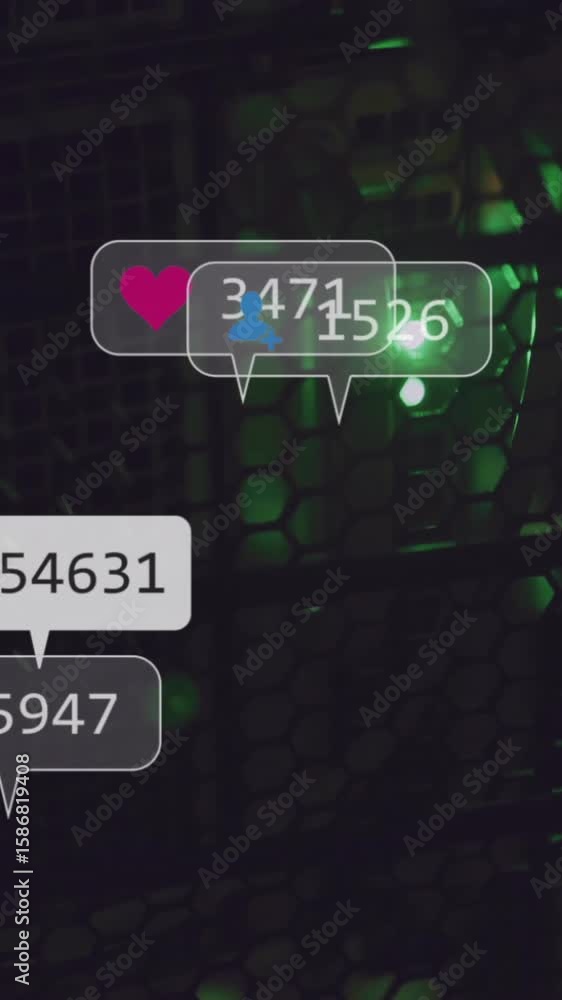 Poster animation of digital icons and data processing over computer servers
