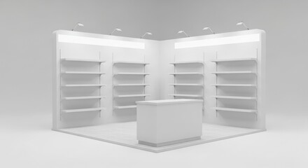 Empty white exhibition stand, showcasing shelves and a counter,  in a neutral studio setting.
