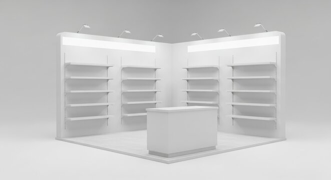 Empty white exhibition stand, showcasing shelves and a counter,  in a neutral studio setting.