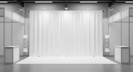 Blank trade show booth with white drapes and counters, ready for exhibition display.
