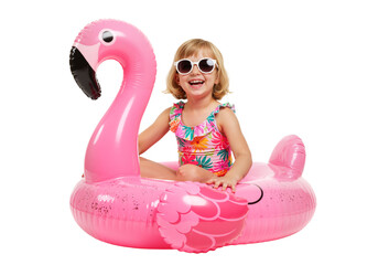 Cute Little Girl Sitting on Inflatable Flamingo Float – Having Fun Swimming in the Pool, isolated on a transparent background PNG,