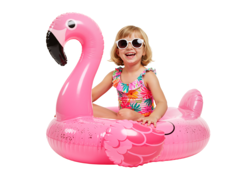 Cute Little Girl Sitting on Inflatable Flamingo Float – Having Fun Swimming in the Pool, isolated on a transparent background PNG,