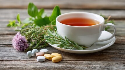 A serene morning scene featuring a cup of herbal tea a few vitamin supplements and sprigs of fresh herbs showcasing a balanced approach to health and wellness.