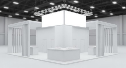 Obraz premium Empty, modern white exhibition booth in a large hall, showcasing a blank display screen.