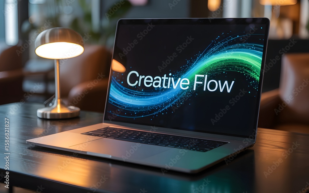Poster silver laptop displaying creative flow graphic on dark table technology computer