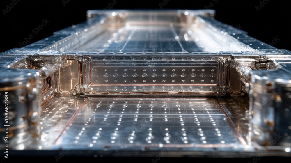 Poster intricate patterns of heat shielding reflecting light are visible on a satellite bus frame highlight