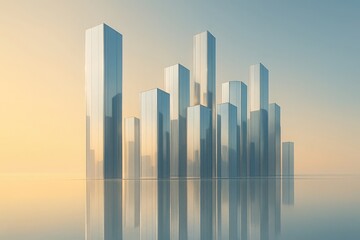 Modern abstract cityscape with reflective glass skyscrapers against a soft gradient sky at sunrise or sunset