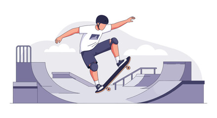 Fototapeta premium Skateboarder Performing Trick in Skatepark Vector Illustration Flat Design Style.