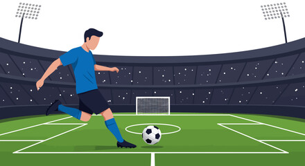 Soccer Player Kicking Ball in Stadium Vector Illustration Sport Concept.
