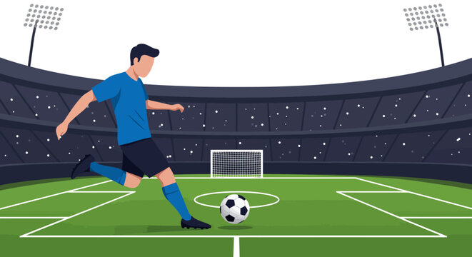 Soccer Player Kicking Ball in Stadium Vector Illustration Sport Concept.