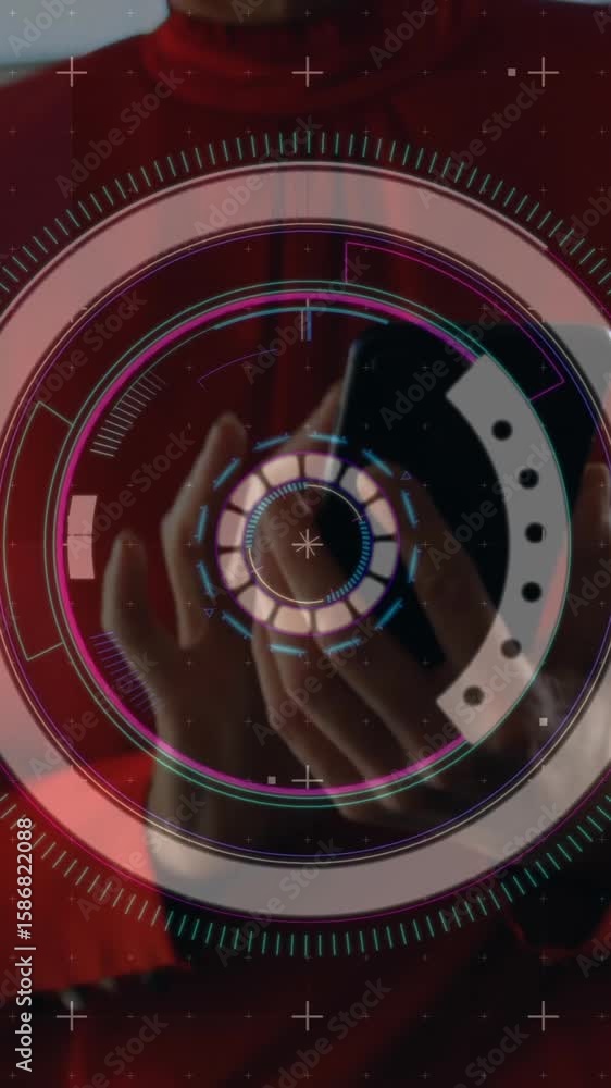 Poster Animation of data processing and scope scanning over woman using smartphone