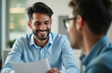Latino banker smiles reviewing loan documents with small business owner. Financial meeting, paperwork discussion for business finance. Professionals collaborate on contract agreements, business deals.