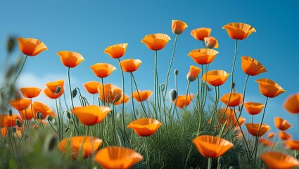 Obraz premium A vibrant field of orange poppies, standing tall under a clear blue sky