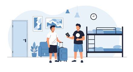 Young Travelers Arriving At Hostel Dormitory For Backpacking Vacation Adventure