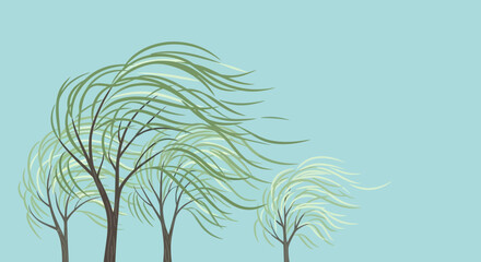 Stylized Trees Bending In Wind Against A Pastel Blue Sky Background