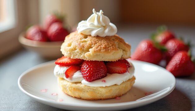 Delicious strawberry shortcake sandwich featuring fresh strawberries, fluffy whipped cream between layers of sweet biscuit. Vibrant red fruit complements soft white cream topping. Perfect dessert for