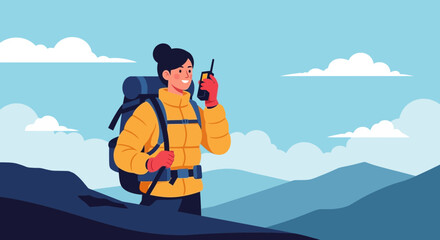 Successful Hiker Communicating With Radio On Top Of The Mountain Journey