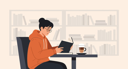 Young Woman Enjoying Quiet Time Reading a Book with Coffee at Home