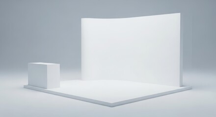 Fototapeta premium A minimalist white exhibition stand with a curved backdrop and a small cube, set against a neutral background.